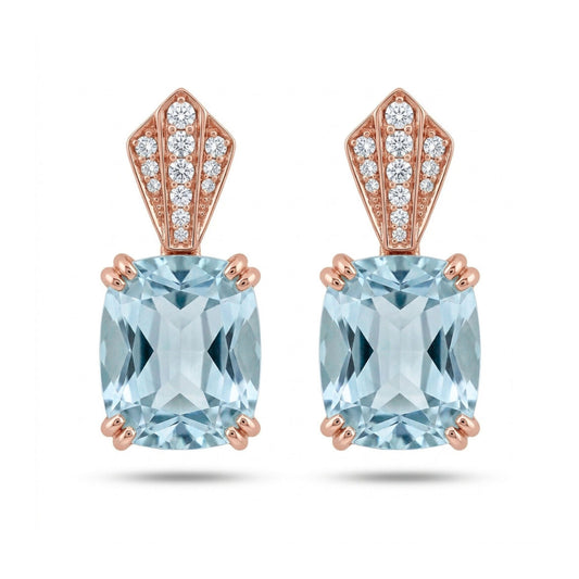 14K 4.78cttw Cushion Santa Maria Aquamarine 0.11cttw White Diamonds Stud Earrings