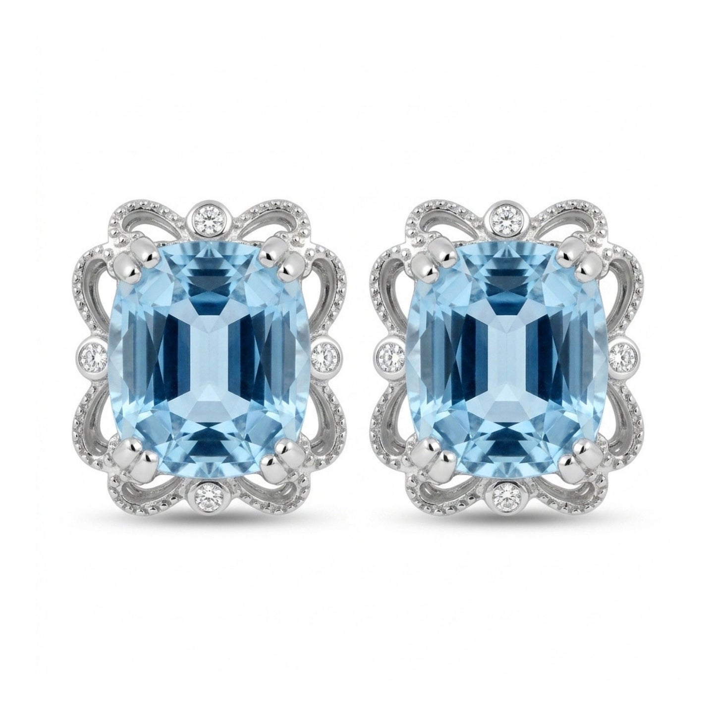 14K 3.43cttw Cushion Santa Maria Aquamarine 0.05cttw White Diamonds Stud Earrings