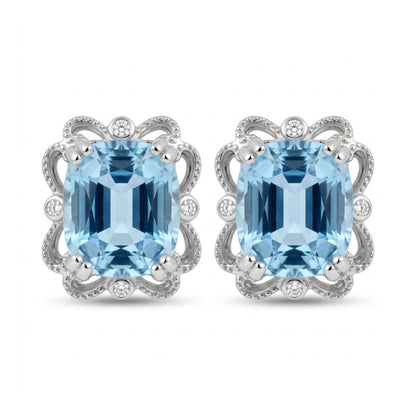 14K 3.43cttw Cushion Santa Maria Aquamarine 0.05cttw White Diamonds Stud Earrings