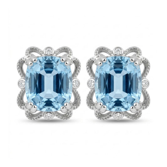 14K 3.43cttw Cushion Santa Maria Aquamarine 0.05cttw White Diamonds Stud Earrings