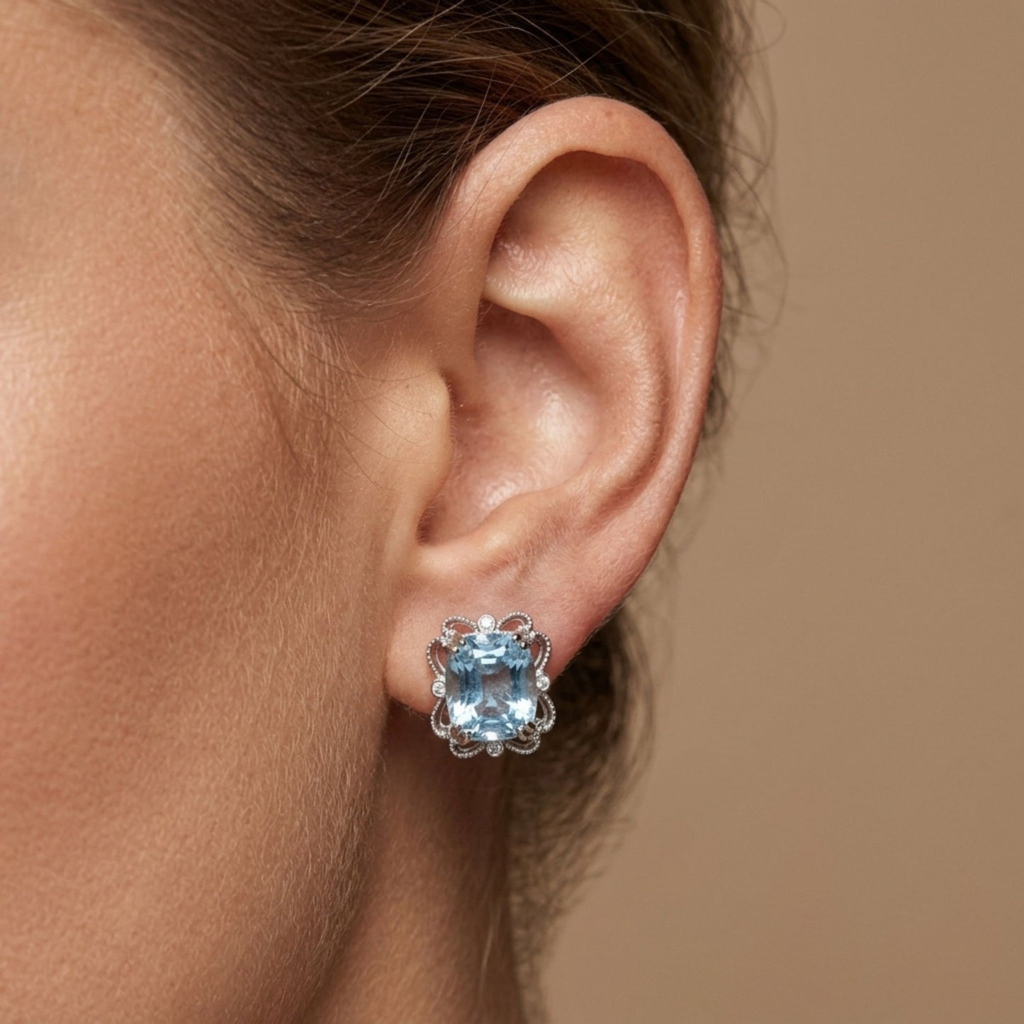 14K 3.43cttw Cushion Santa Maria Aquamarine 0.05cttw White Diamonds Stud Earrings