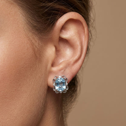 14K 3.43cttw Cushion Santa Maria Aquamarine 0.05cttw White Diamonds Stud Earrings