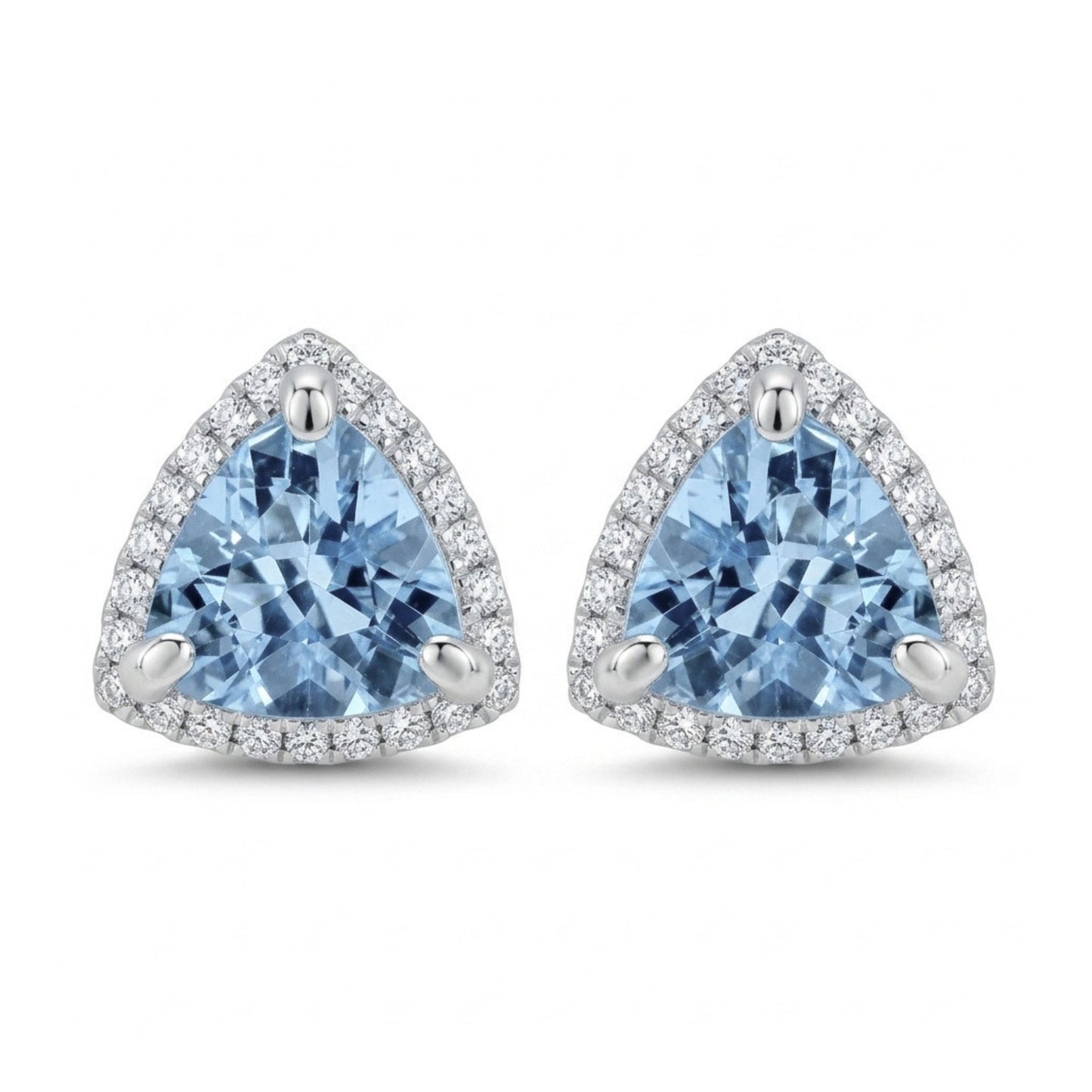 14K 1.20cttw Trilliant Santa Maria Aquamarine 0.19cttw White Diamonds Stud Earrings