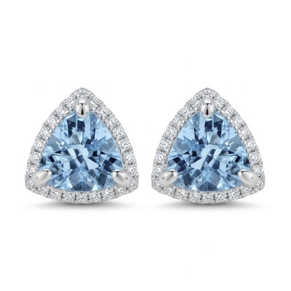 14K 1.20cttw Trilliant Santa Maria Aquamarine 0.19cttw White Diamonds Stud Earrings