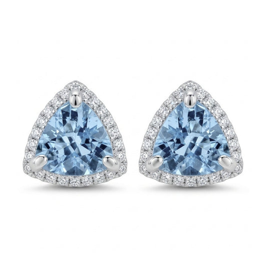 14K 1.20cttw Trilliant Santa Maria Aquamarine 0.19cttw White Diamonds Stud Earrings