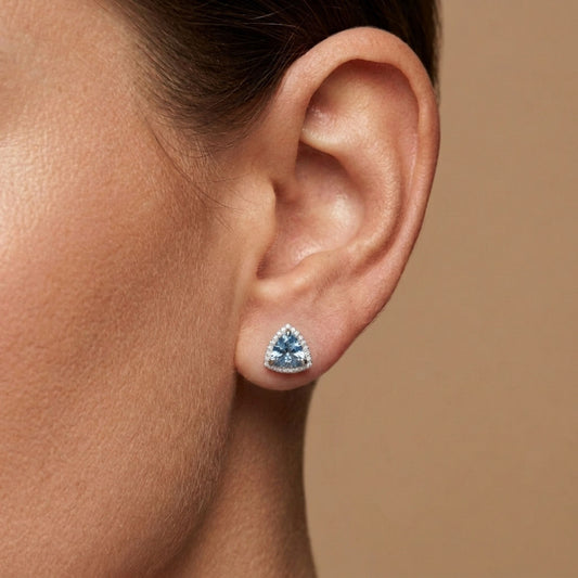 14K 1.20cttw Trilliant Santa Maria Aquamarine 0.19cttw White Diamonds Stud Earrings