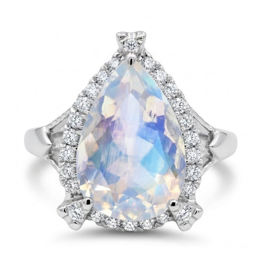 14K 3.09ct Pear Shape Moonstone 0.20cttw White Diamonds Ring