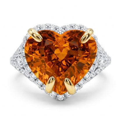 14K 6.33ct Heart Shape Mandarin Garnet 0.52cttw VS White Diamonds Ring