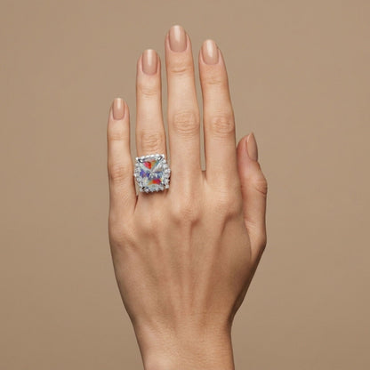 14K 9.45ct Cushion Moonstone 1.53cttw VS White Diamonds Ring