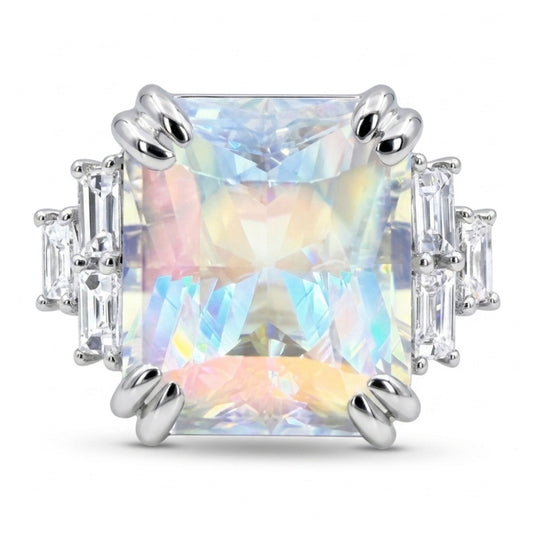 18K 7.25ct Radiant Cut Moonstone 0.77cttw White Diamonds Ring