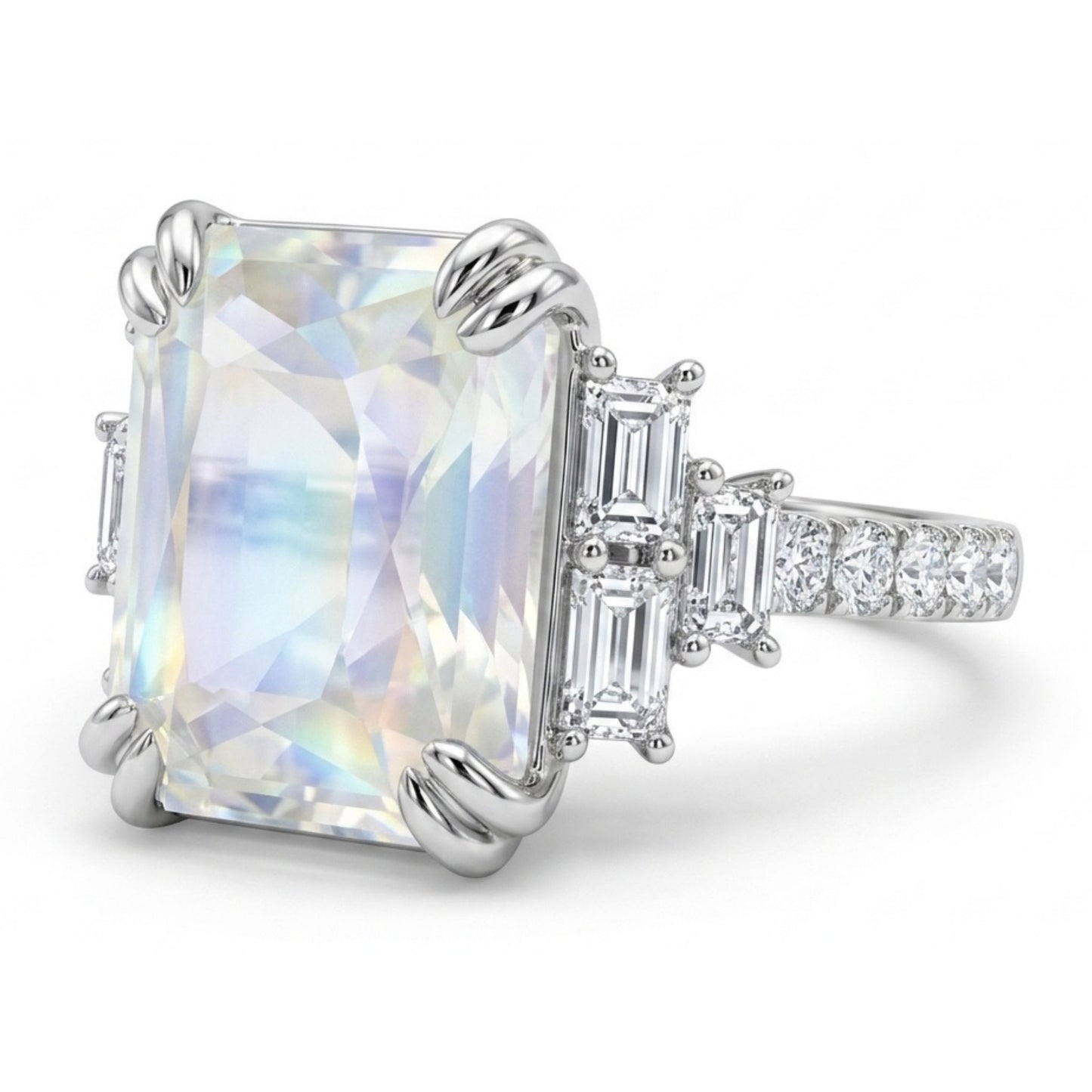 18K 7.25ct Radiant Cut Moonstone 0.77cttw White Diamonds Ring