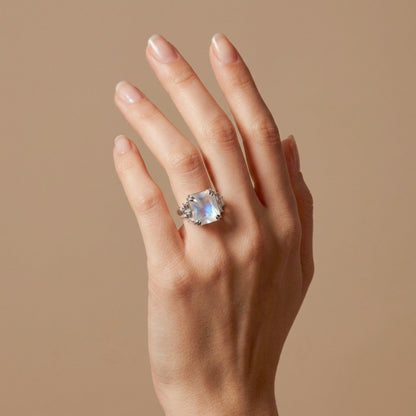 18K 7.25ct Radiant Cut Moonstone 0.77cttw White Diamonds Ring