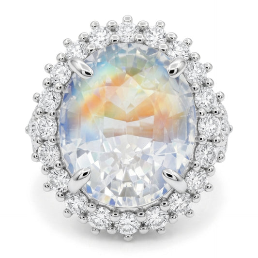 14K gold oval moonstone ring with VS white diamonds