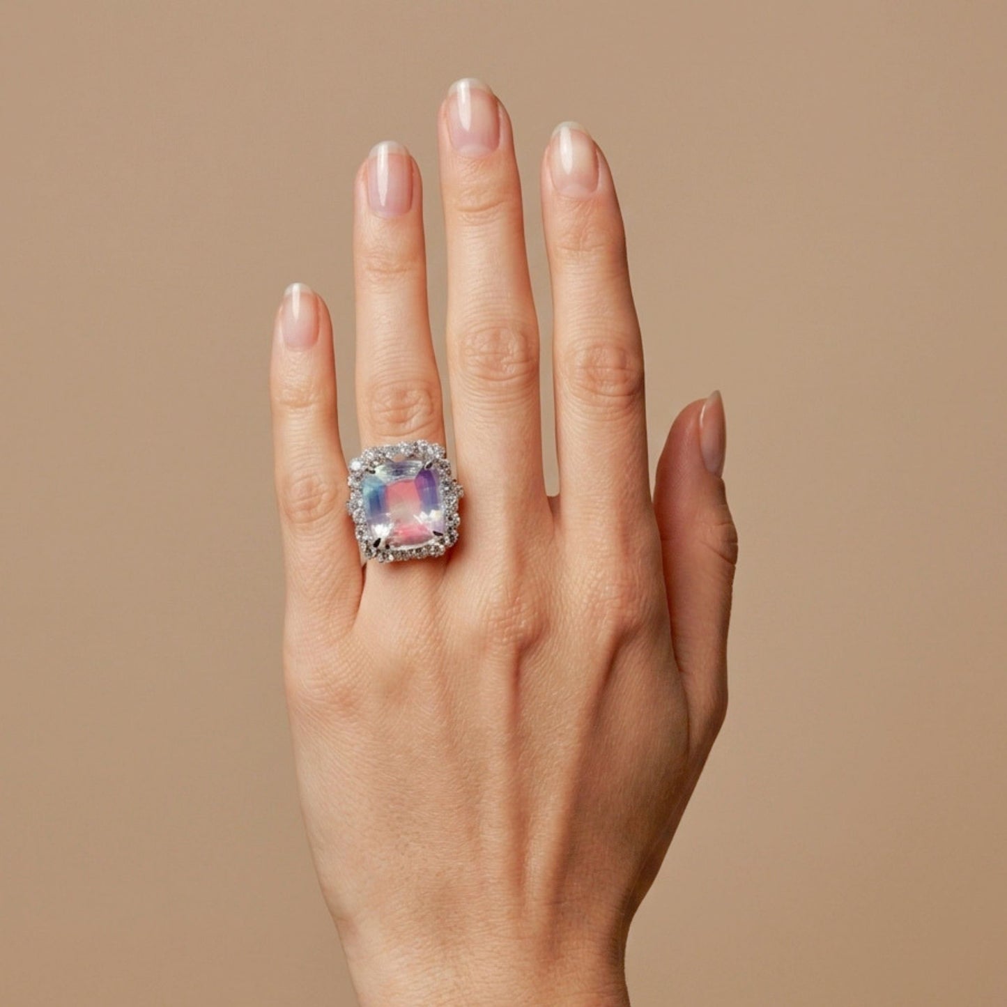 18K 8.90ct Cushion Moonstone 1.76cttw White Diamonds Ring