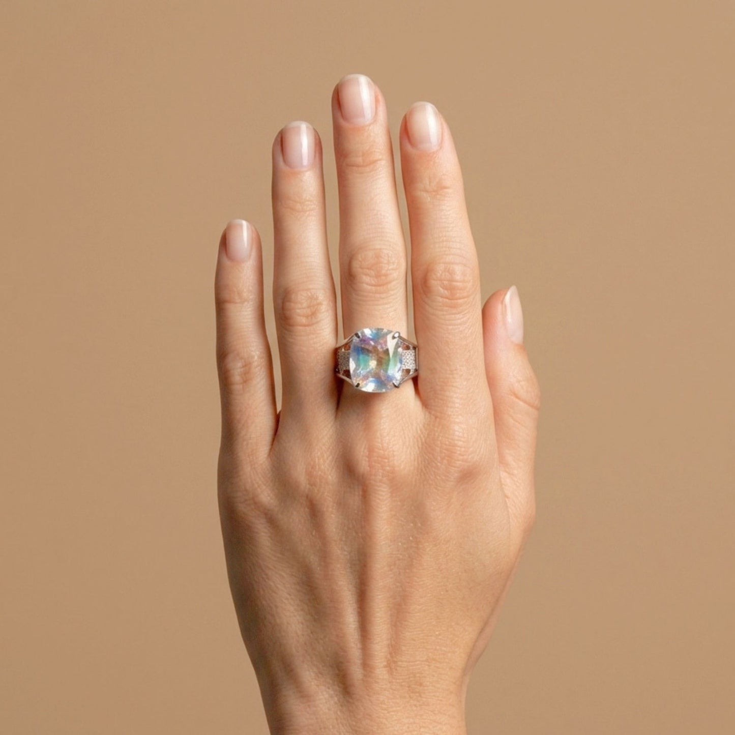 14K 8.55ct Cushion Moonstone 0.76cttw VS White Diamonds Ring