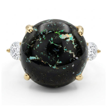 14K 9.51ct Round Leopard Opal 0.65cttw VS White Diamonds Ring