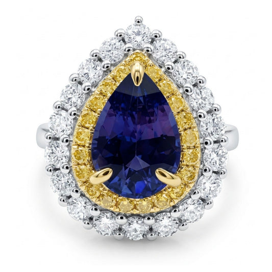 14K 3.28ct Pear Shape Unheated Purple Sapphire 1.45cttw Yellow & White Diamonds Ring