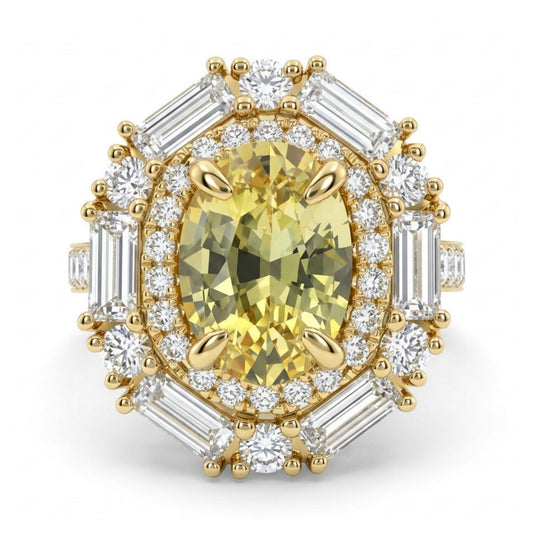 18K 2.15ct Oval Unheated Yellow Sapphire 1.73cttw White Diamonds Ring