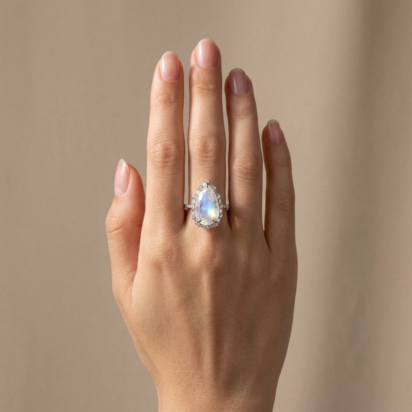 14K 7.01ct Pear Shape Moonstone 0.65cttw White Diamonds Ring