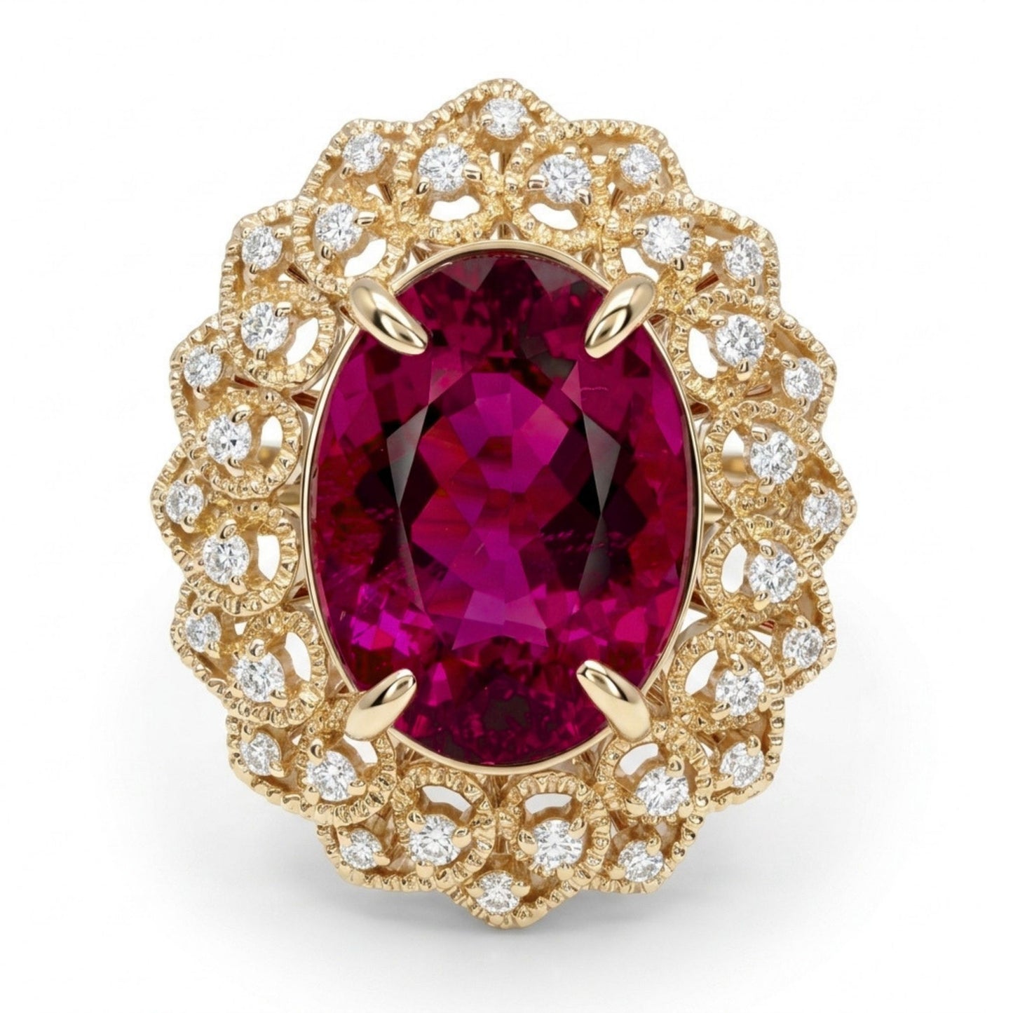 14K 7.69ct Oval Copper Bearing Tourmaline 0.64cttw VS White Diamonds Ring