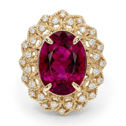 14K 7.69ct Oval Copper Bearing Tourmaline 0.64cttw VS White Diamonds Ring