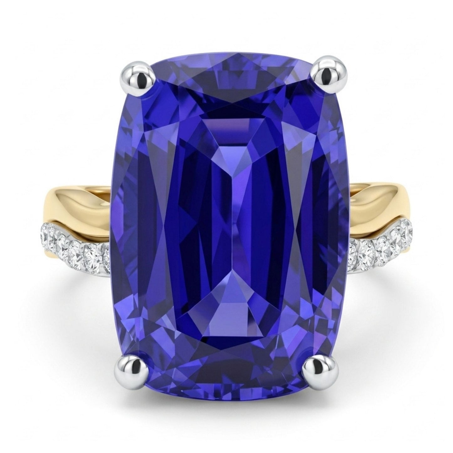 14K 9.93ct Cushion Blue Wing Tanzanite 0.16cttw VS White Diamonds Ring