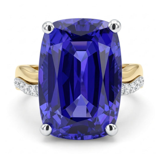 14K 9.93ct Cushion Blue Wing Tanzanite 0.16cttw VS White Diamonds Ring
