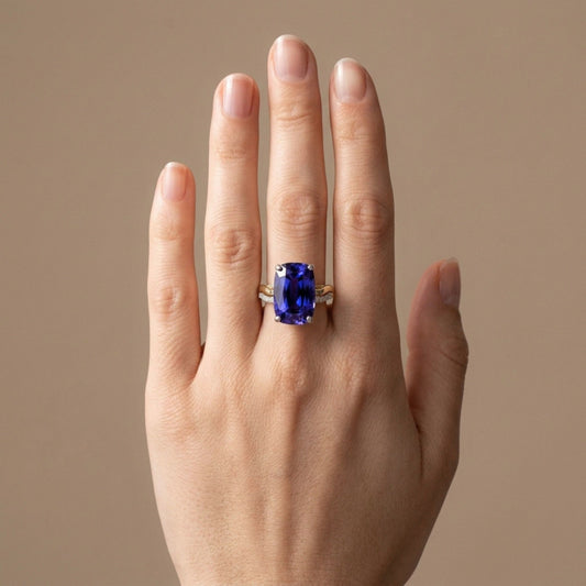 14K 9.93ct Cushion Blue Wing Tanzanite 0.16cttw VS White Diamonds Ring