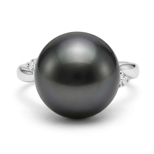 Platinum 12.8mm Tahitian Black Pearl 0.12cttw White Diamonds Ring
