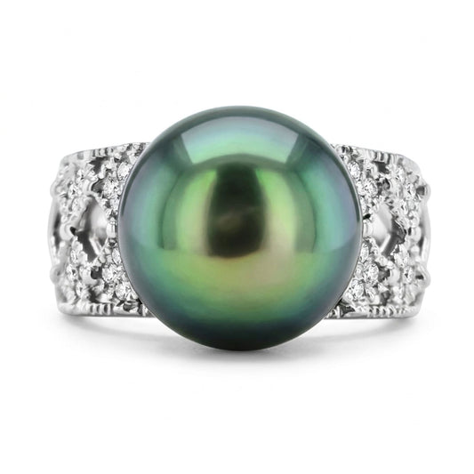 Platinum 12.5mm Tahitian Black Pearl 0.17cttw White Diamonds Ring