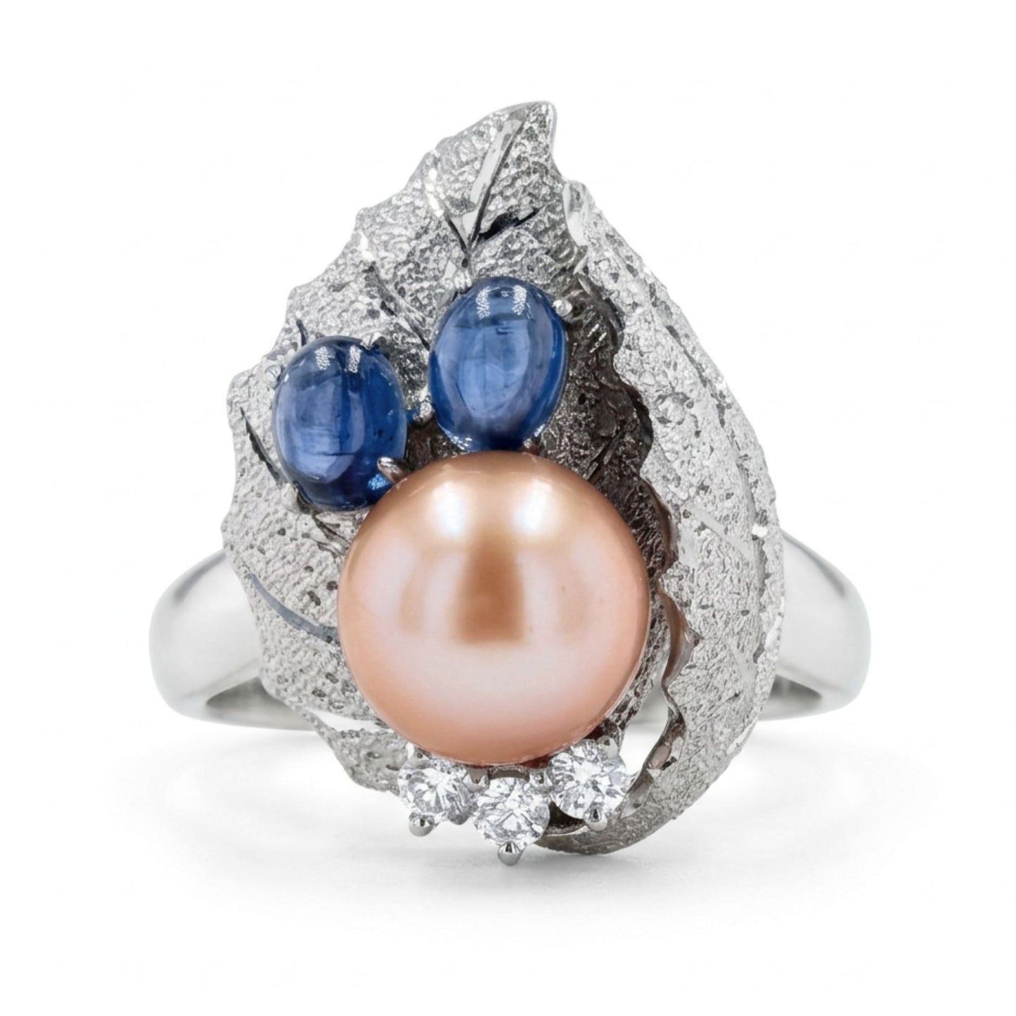 Platinum 8mm Freshwater Pink Pearl 0.93cttw Oval Blue Sapphire 0.10cttw White Diamonds Ring