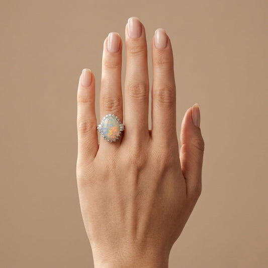 Platinum 4.63ct Oval Crystal Opal 0.68cttw White Diamonds Ring
