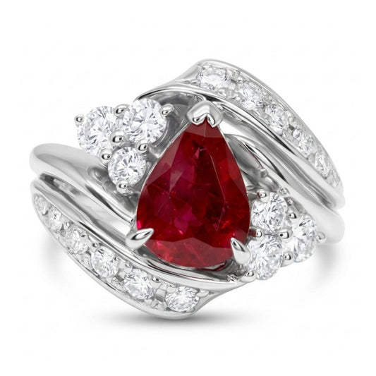 Platinum 1.11ct Pear Shape Burma Ruby 0.50cttw White Diamonds Ring