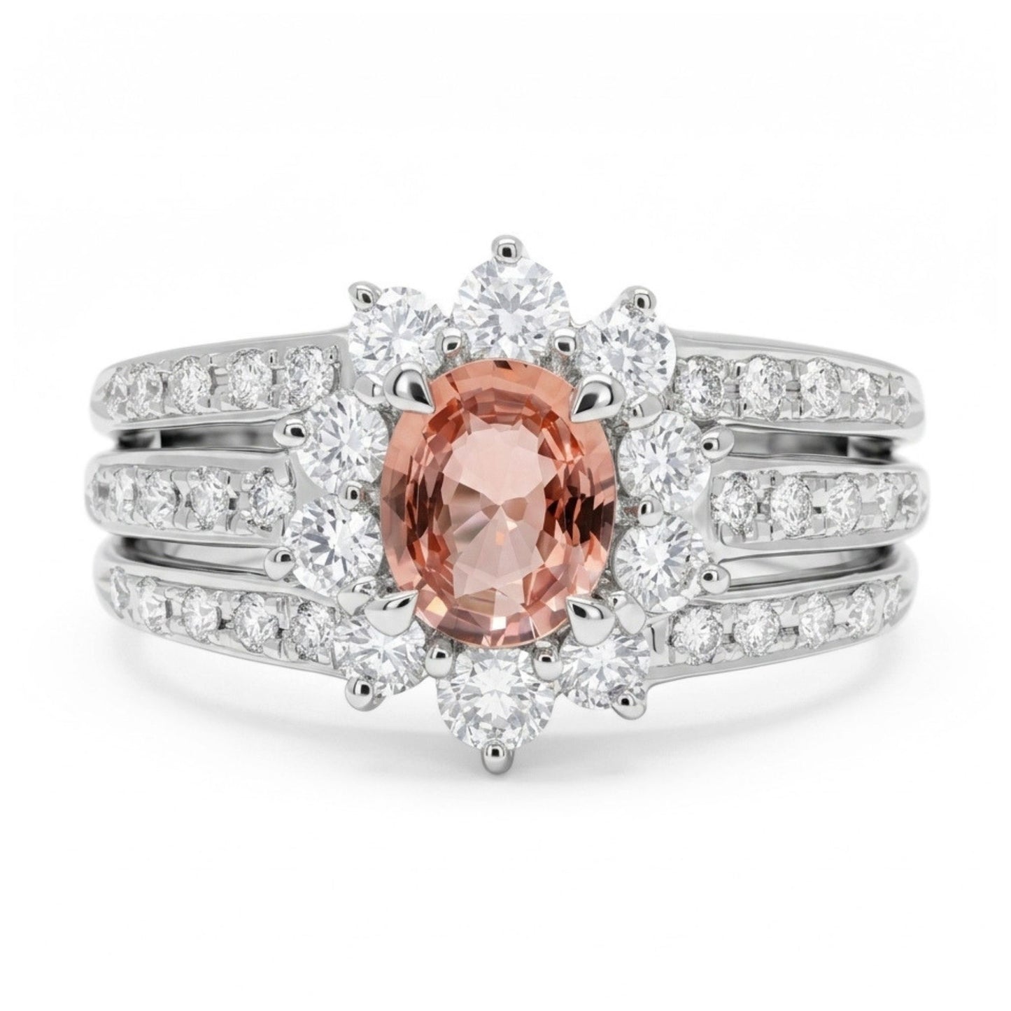 Platinum 0.52ct Oval Padparadscha 0.54cttw White Diamonds Ring
