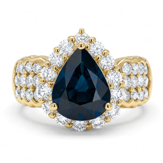 18K 1.97ct Pear Shape Teal Sapphire 1.08cttw White Diamonds Ring