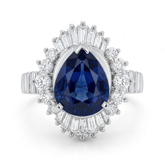 Platinum 2.77ct Pear Shape Blue Sapphire 0.92cttw White Diamonds Ring