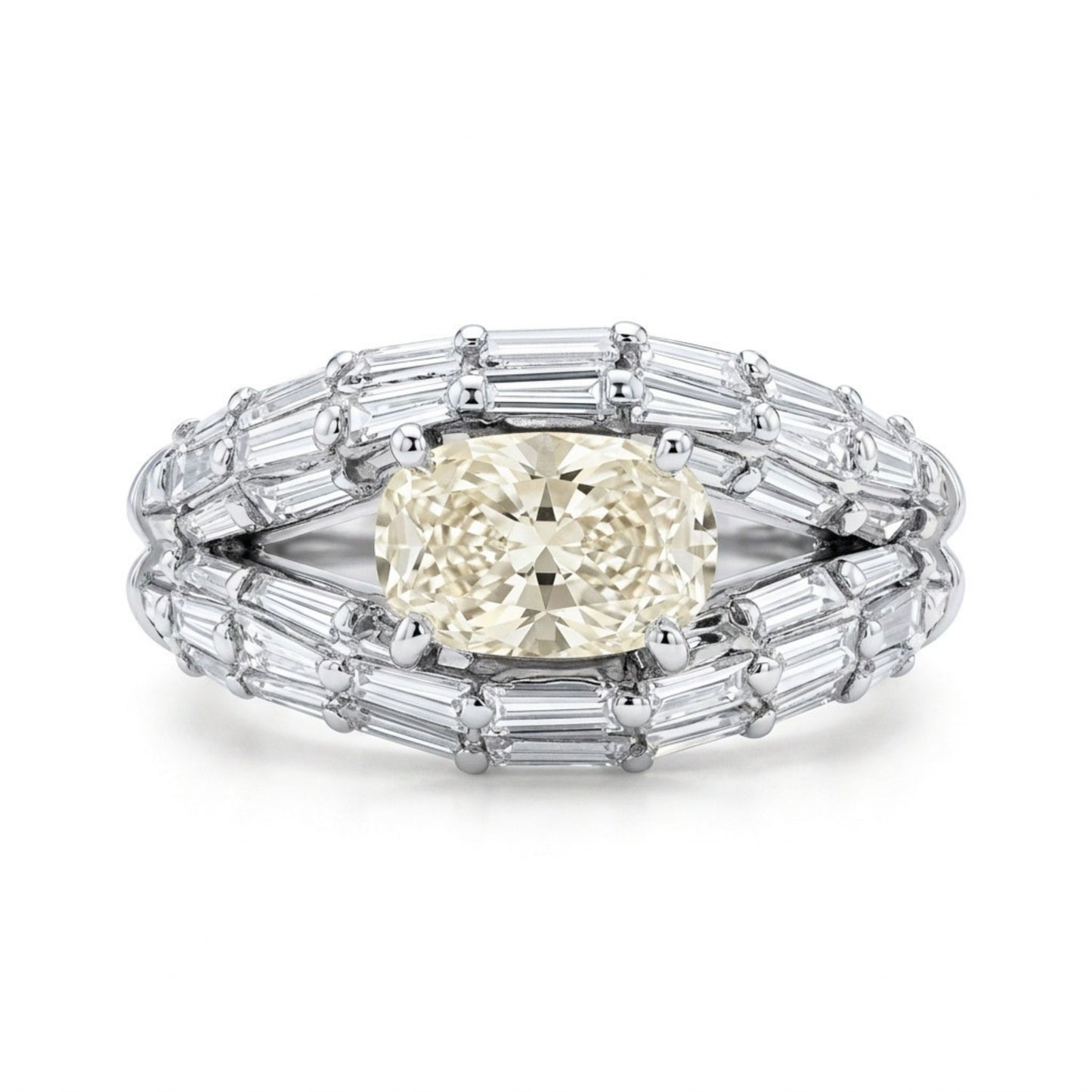 Platinum 1.01ct Oval Yellow Diamond 1.28cttw Baguette White Diamond Ring