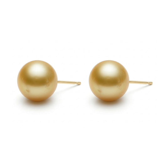 18K Round 15mm South Sea Golden Pearl Stud Earrings