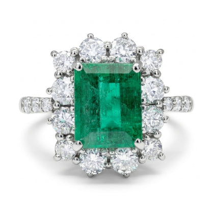 Platinum 1.25ct Emerald Cut Colombian Emerald 0.7cttw White Diamonds Ring