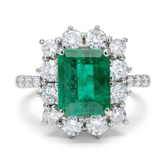 Platinum 1.25ct Emerald Cut Colombian Emerald 0.7cttw White Diamonds Ring