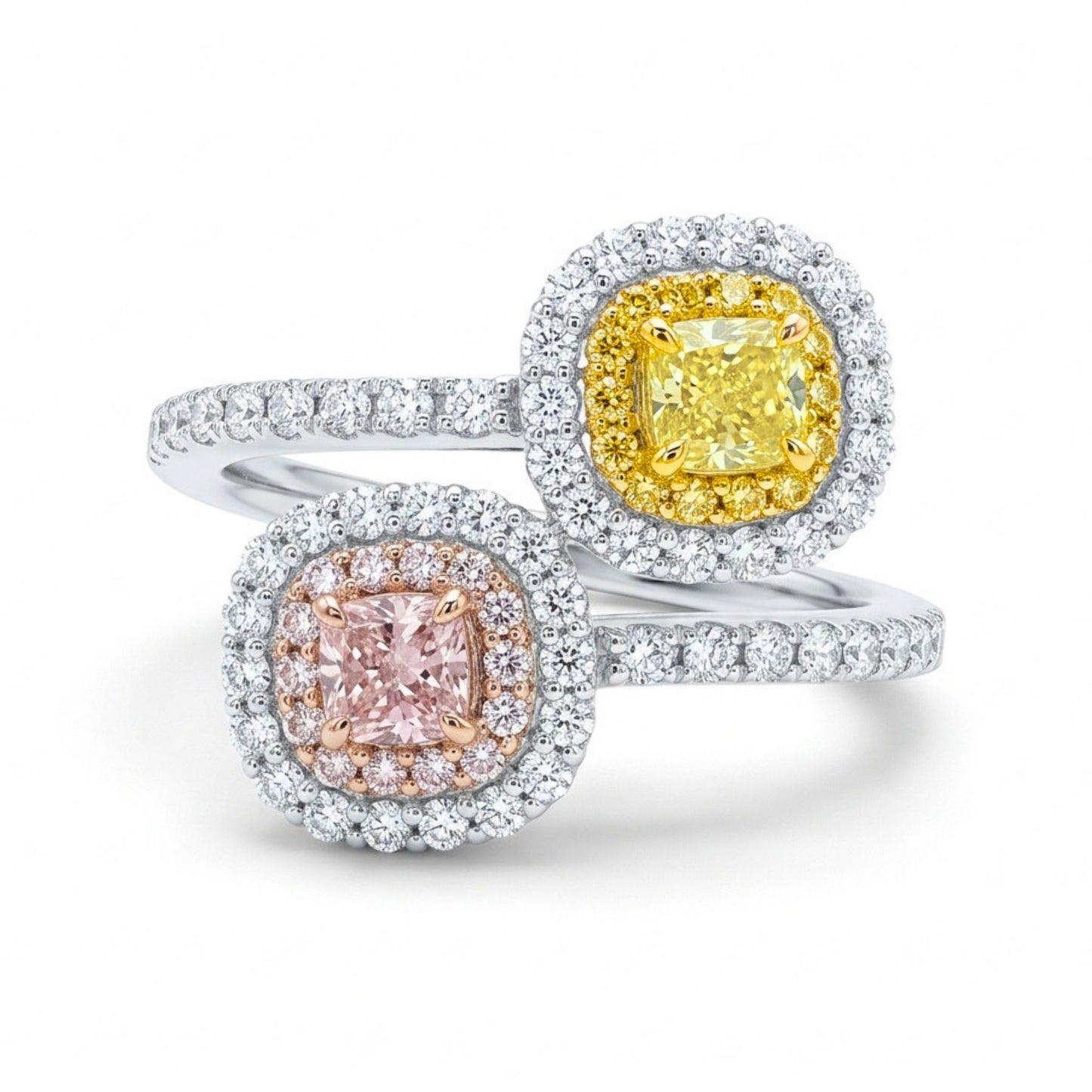 Platinum & 18K 0.18ct Cushion Pink Diamond 0.26ct Cushion Yellow Diamond 0.53cttw Pink, Yellow, and White Diamonds Bypass Ring