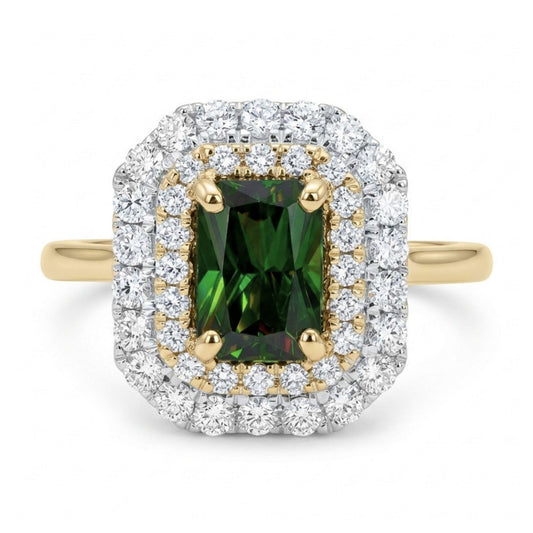 14K 0.95ct Radiant Cut Color Change Sphene 0.51cttw VS White Diamonds Ring