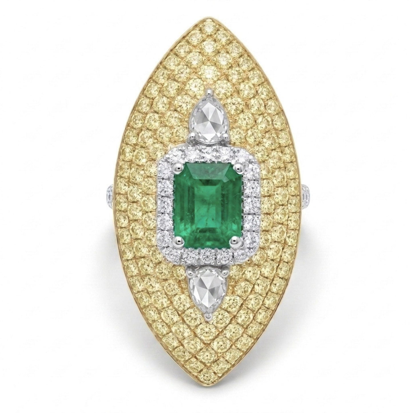 18K 0.93ct Emerald Cut Colombian Emerald 1.94cttw Yellow & White Diamonds Ring