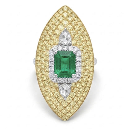 18K 0.93ct Emerald Cut Colombian Emerald 1.94cttw Yellow & White Diamonds Ring