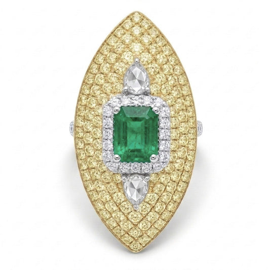 18K 0.93ct Emerald Cut Colombian Emerald 1.94cttw Yellow & White Diamonds Ring