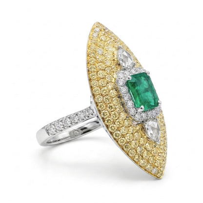 18K 0.93ct Emerald Cut Colombian Emerald 1.94cttw Yellow & White Diamonds Ring