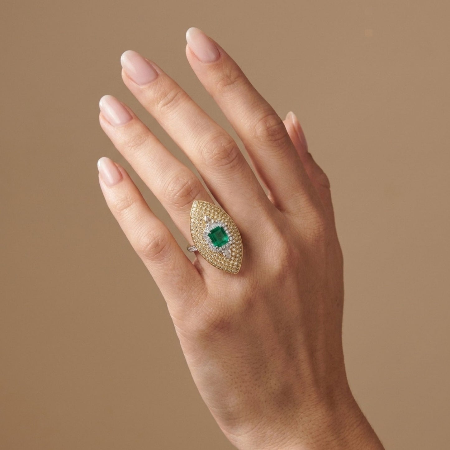 18K 0.93ct Emerald Cut Colombian Emerald 1.94cttw Yellow & White Diamonds Ring