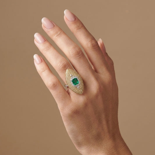 18K 0.93ct Emerald Cut Colombian Emerald 1.94cttw Yellow & White Diamonds Ring