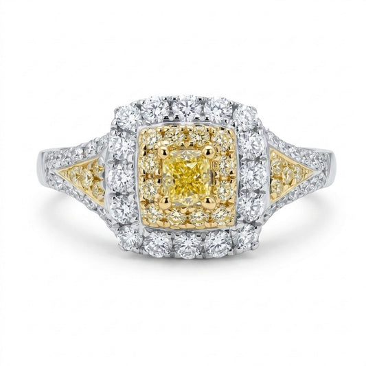 14K 0.15ct Cushion Yellow Diamond 0.52cttw Yellow & White Diamonds Ring