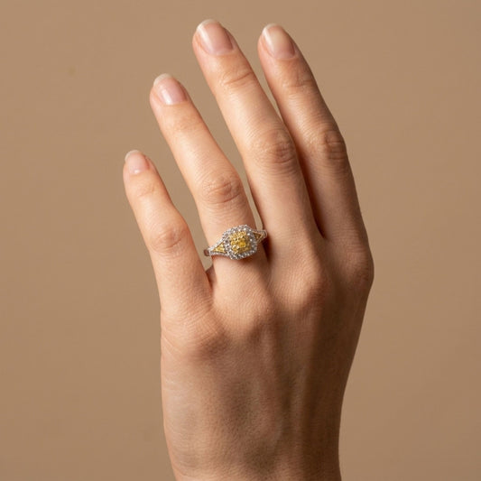 14K 0.15ct Cushion Yellow Diamond 0.52cttw Yellow & White Diamonds Ring